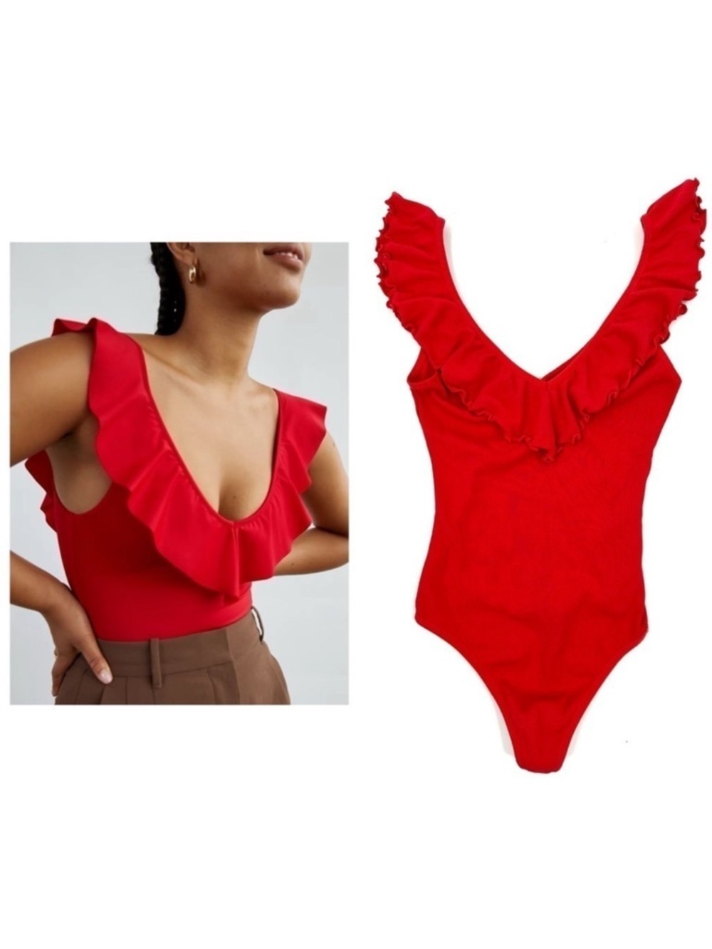 Wilfred Danette Bodysuit Womene XS Ruffle Ribbed Stretch Holiday Glam Aritzia